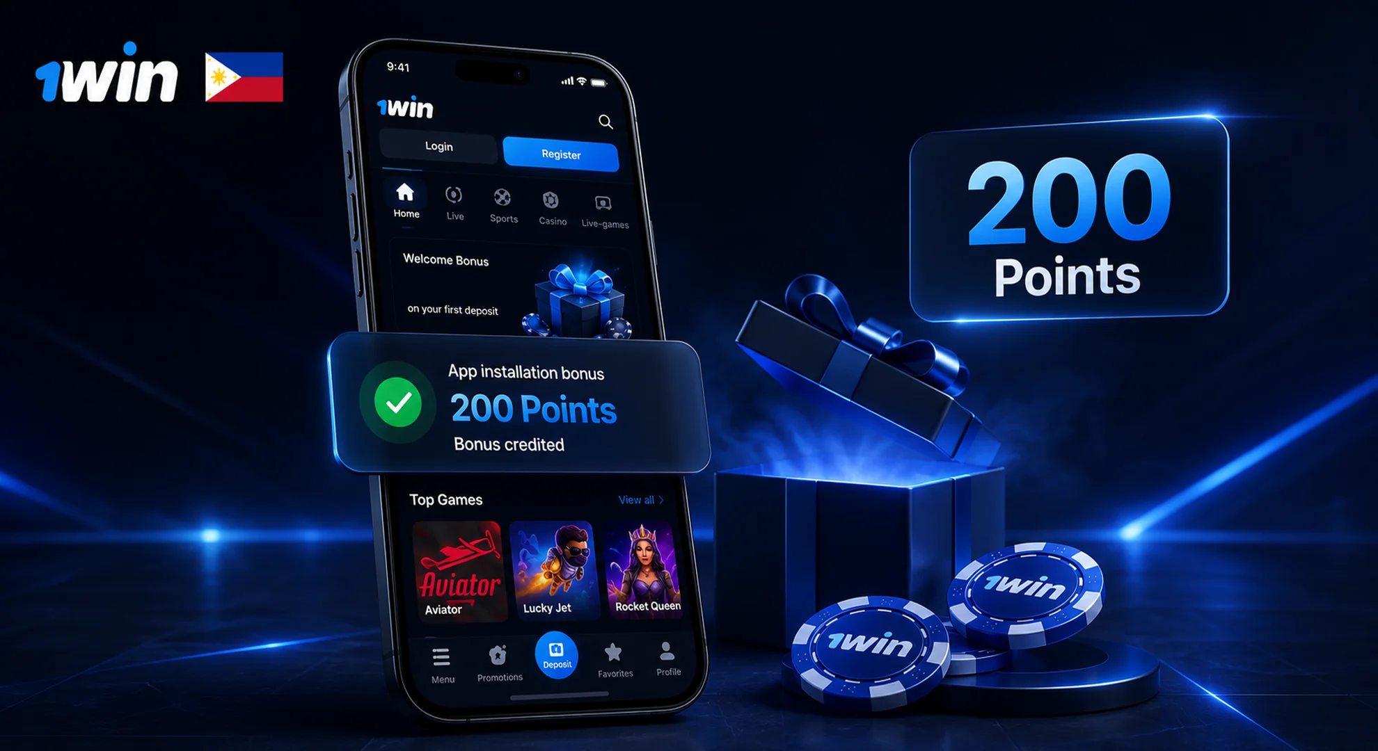 Claim 1win app installation bonus points for casino slots in the Philippines
