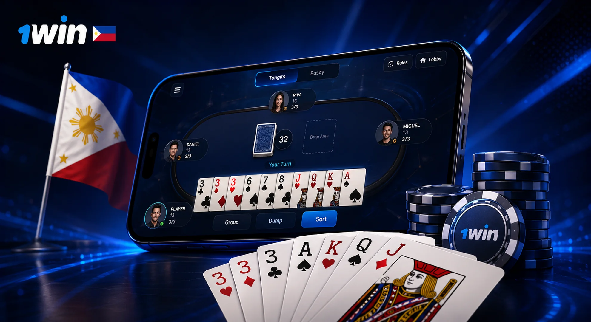 Popular Filipino card games Tongits and Pusoy for real money at 1win casino online