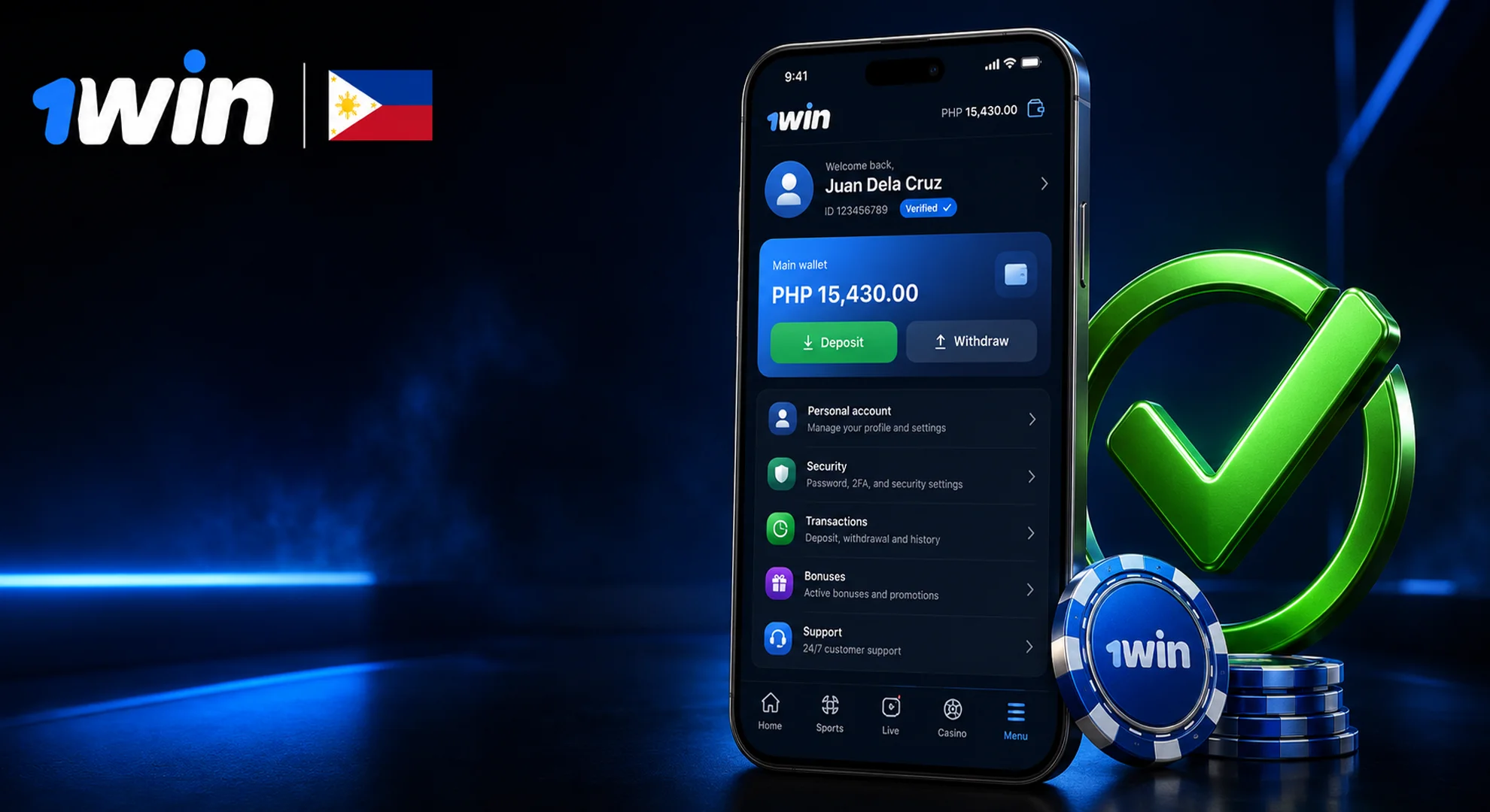 Access personal dashboard with balance configured in Philippine Pesos on 1win