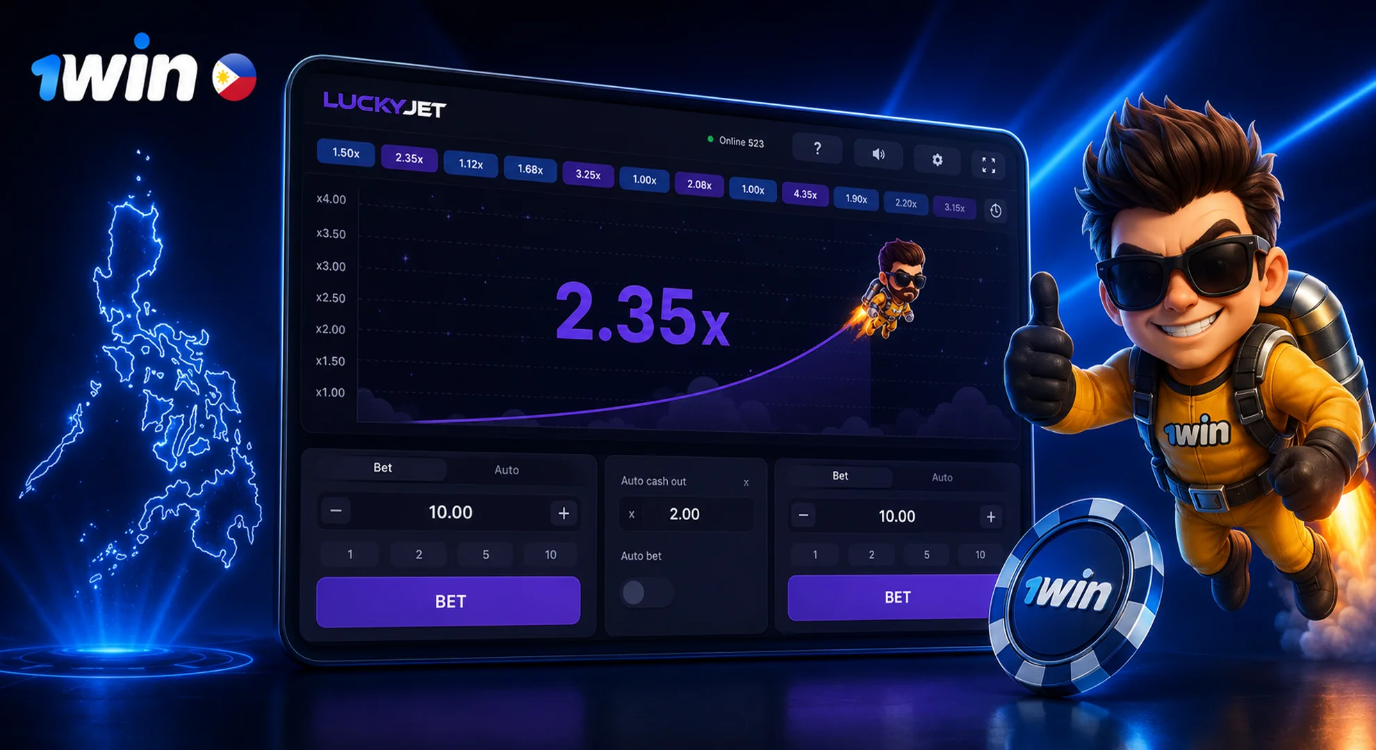 Lucky Jet 1win exclusive crash game featuring Lucky Joe in the Philippines