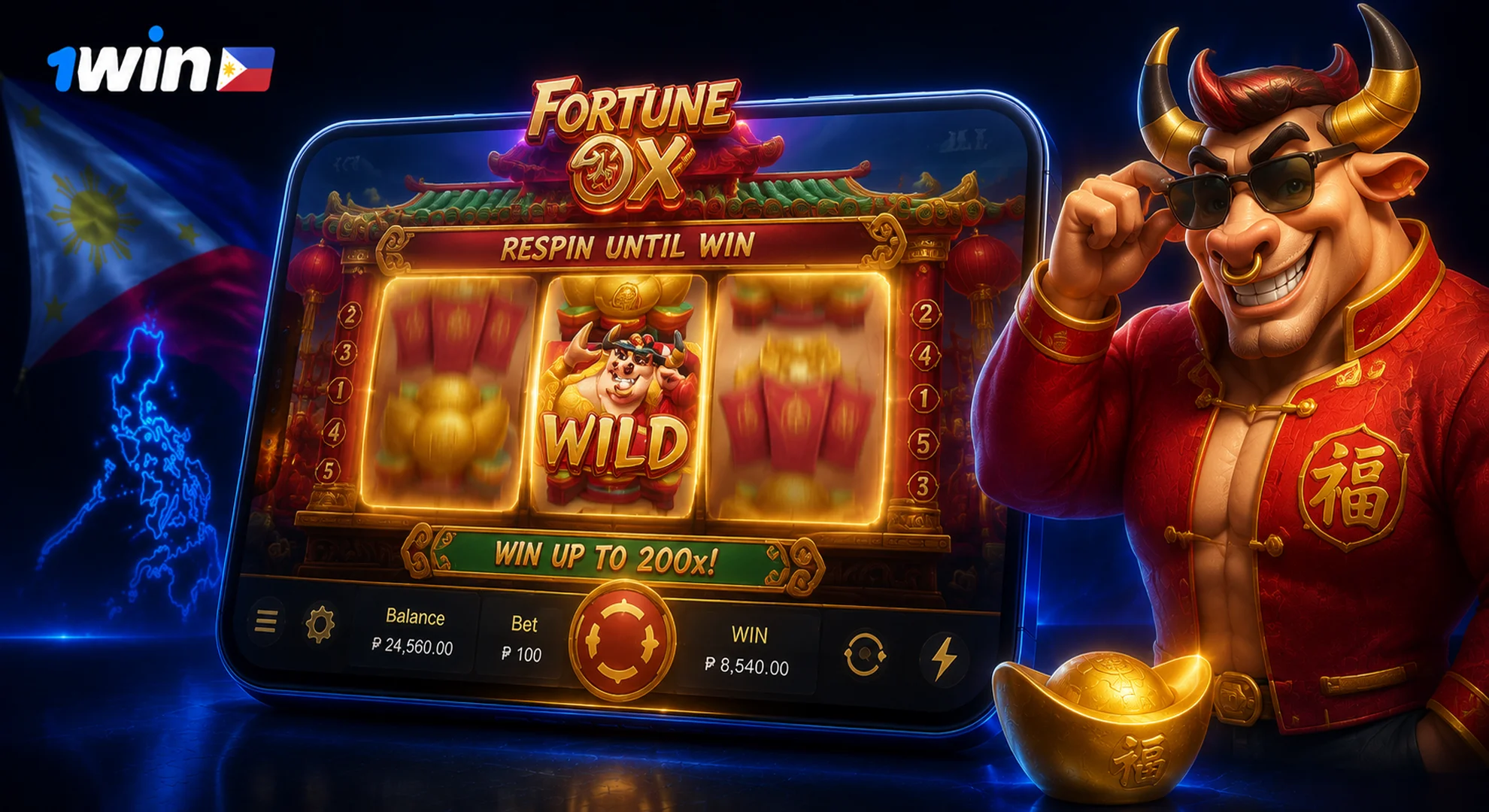 Fortune Ox slot respin until win feature on 1win online casino Philippines