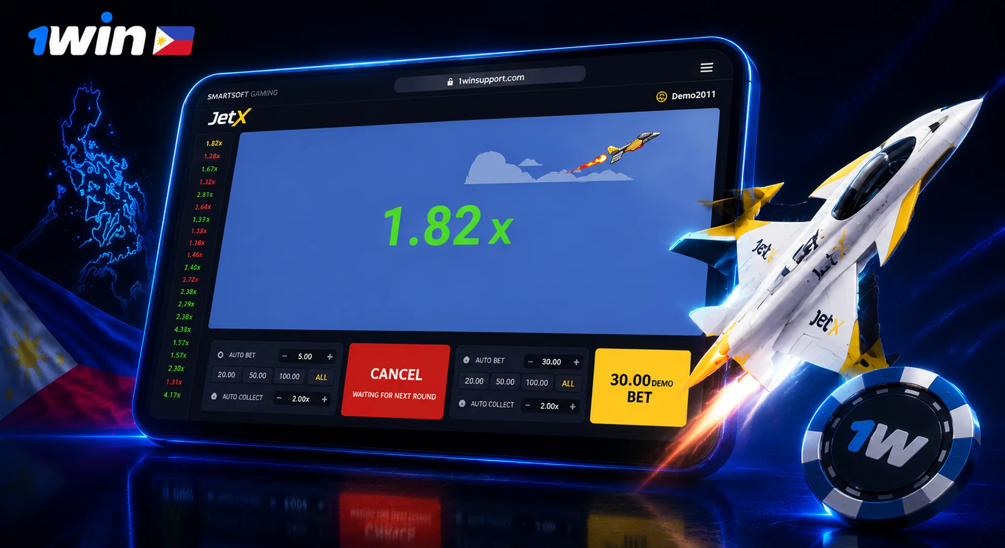 JetX retro-futuristic crash game by Smartsoft on 1win casino Philippines.