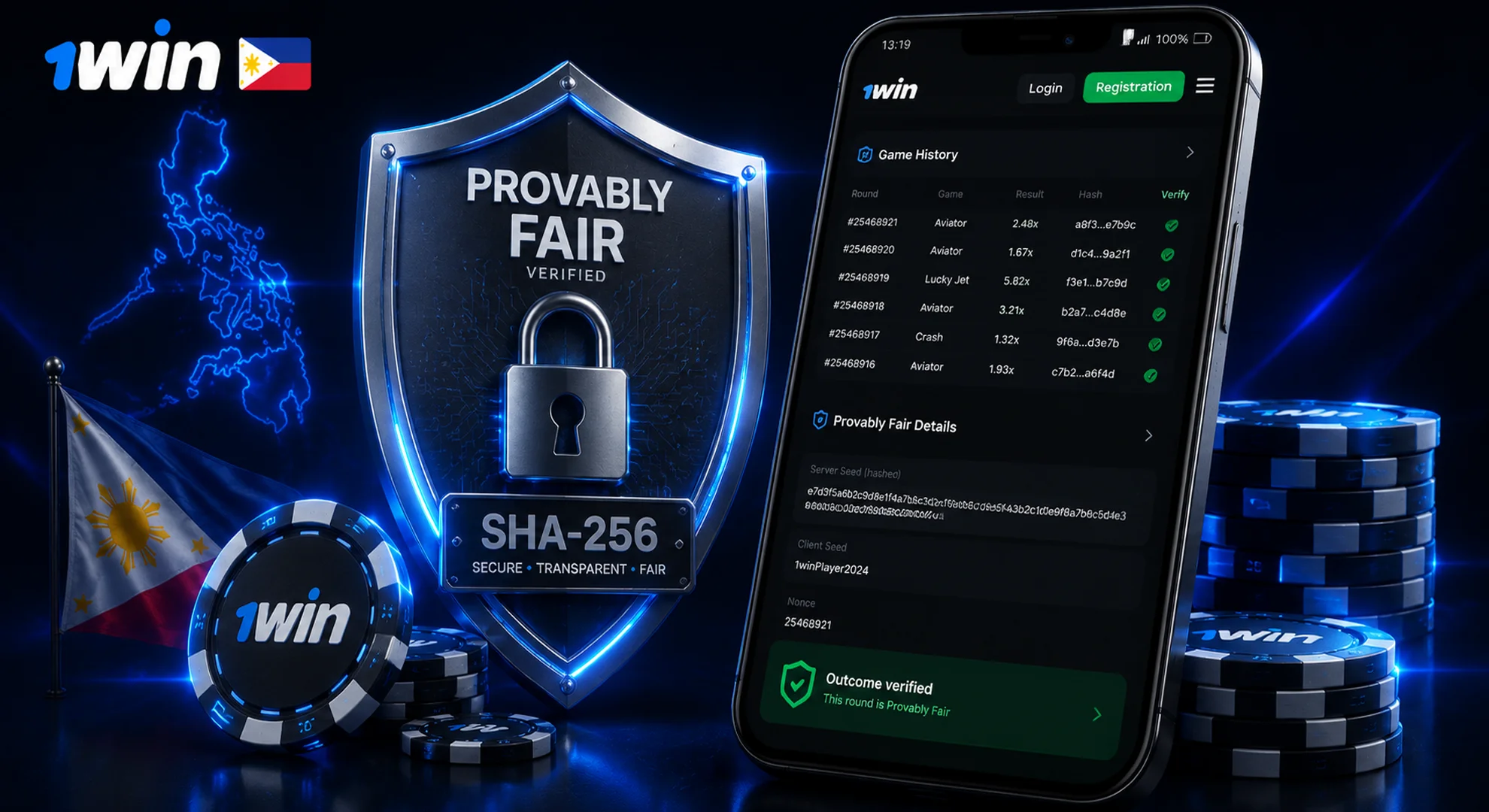 Verify game outcomes using the Provably Fair cryptographic system on 1win