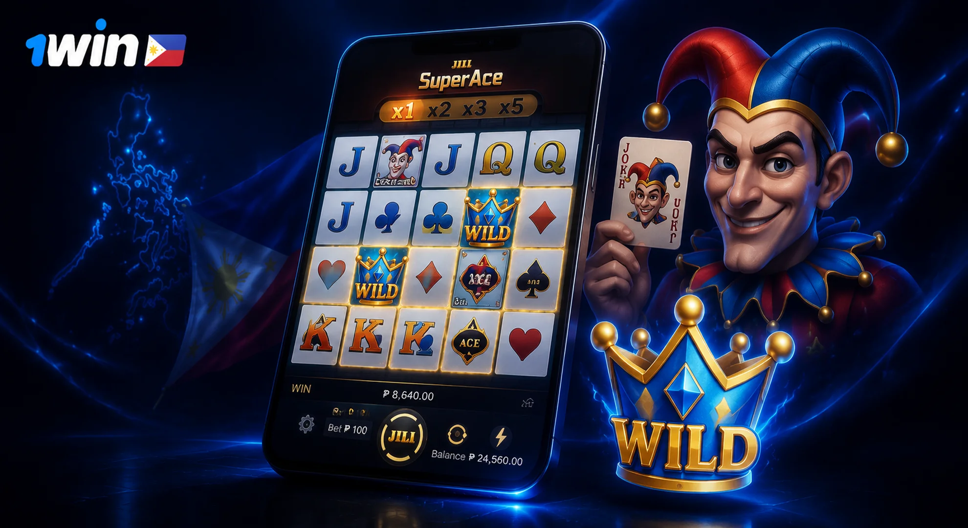 JILI's Super Ace slot game interface on 1win Philippines with wild jokers