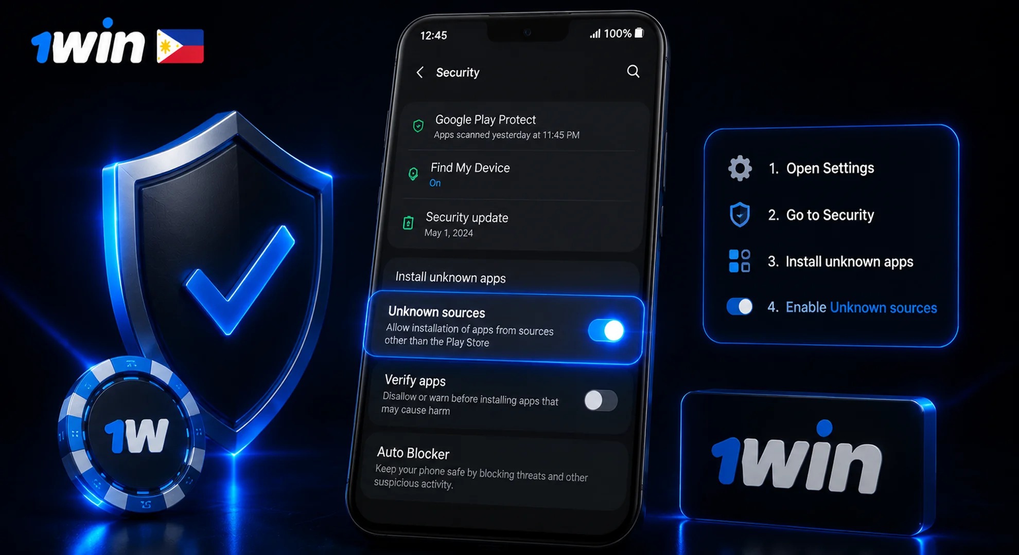 How to adjust Android security settings to install 1win APK from unknown sources