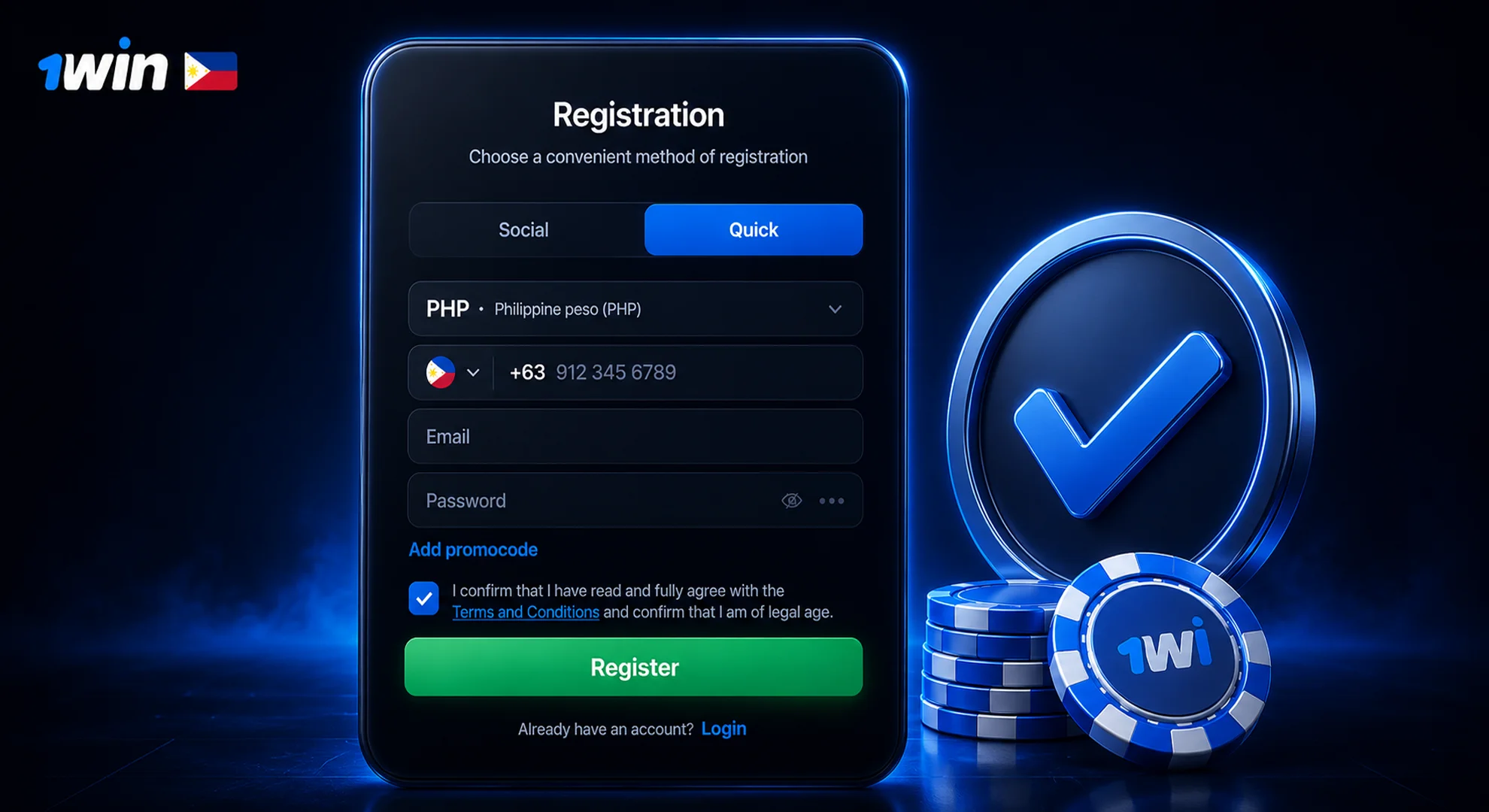 Confirming terms and clicking register button on 1win Philippines platform