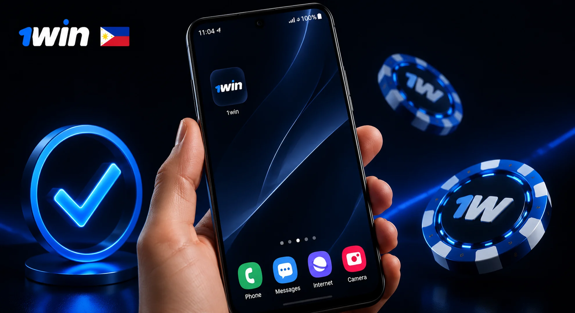 Completing the installation of 1win APK on Android smartphone home screen.