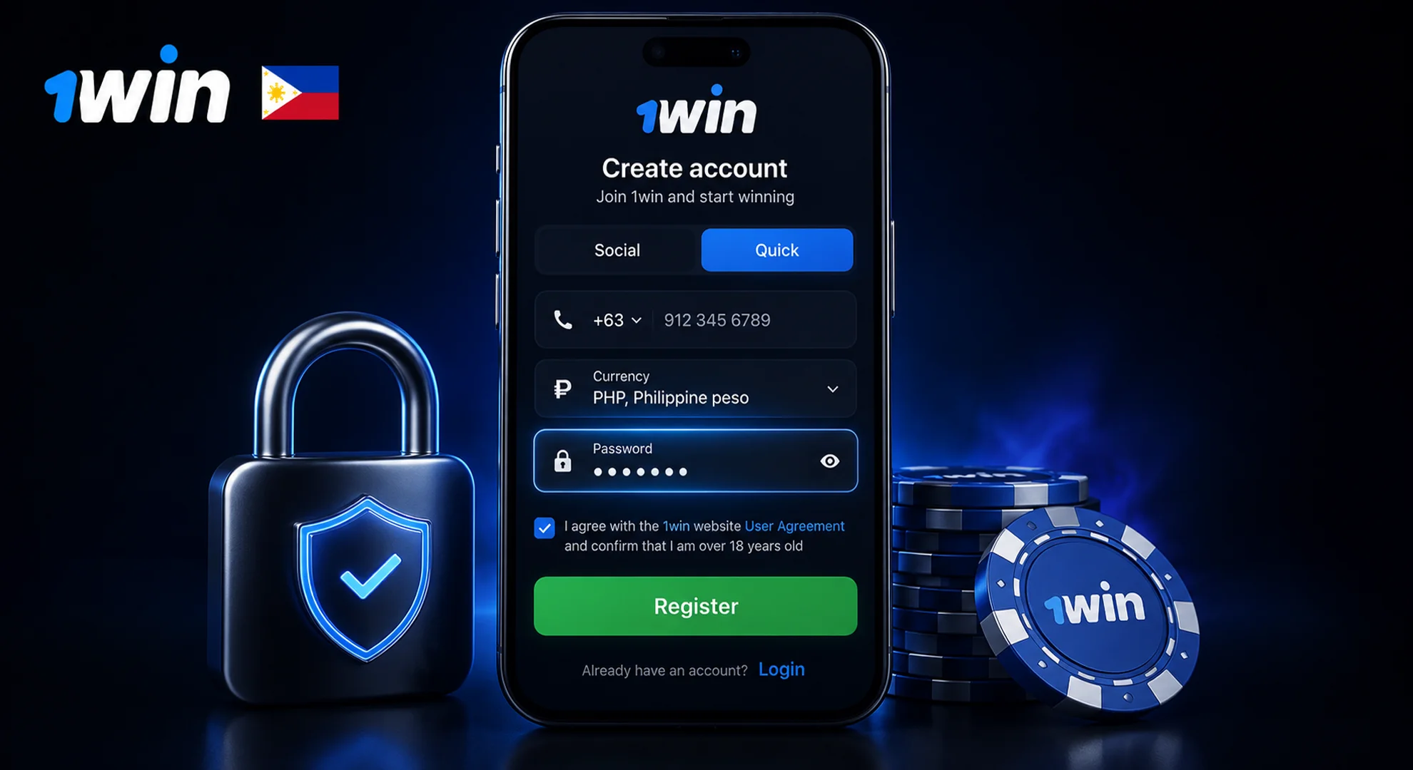 Setting password and choosing PHP currency for 1win register login