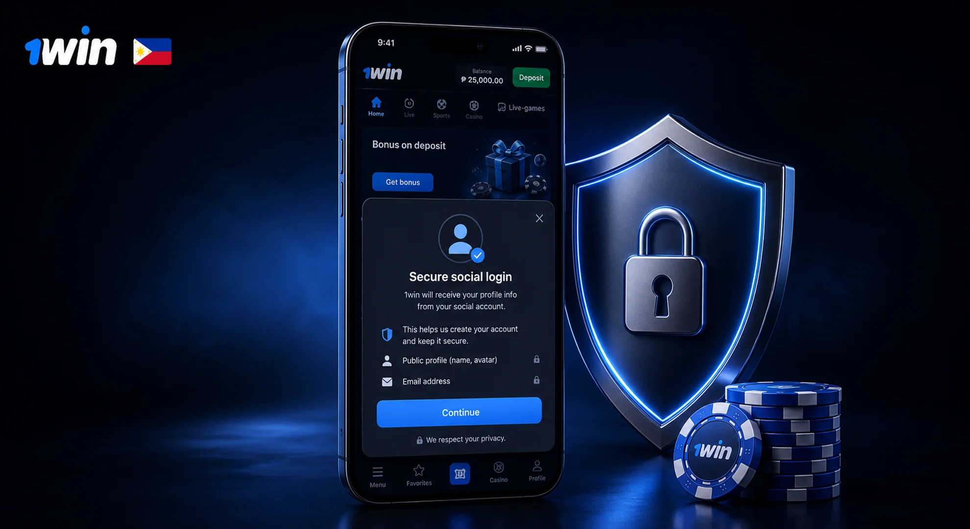 Secure pop-up window to log in and grant access for 1win social account registration