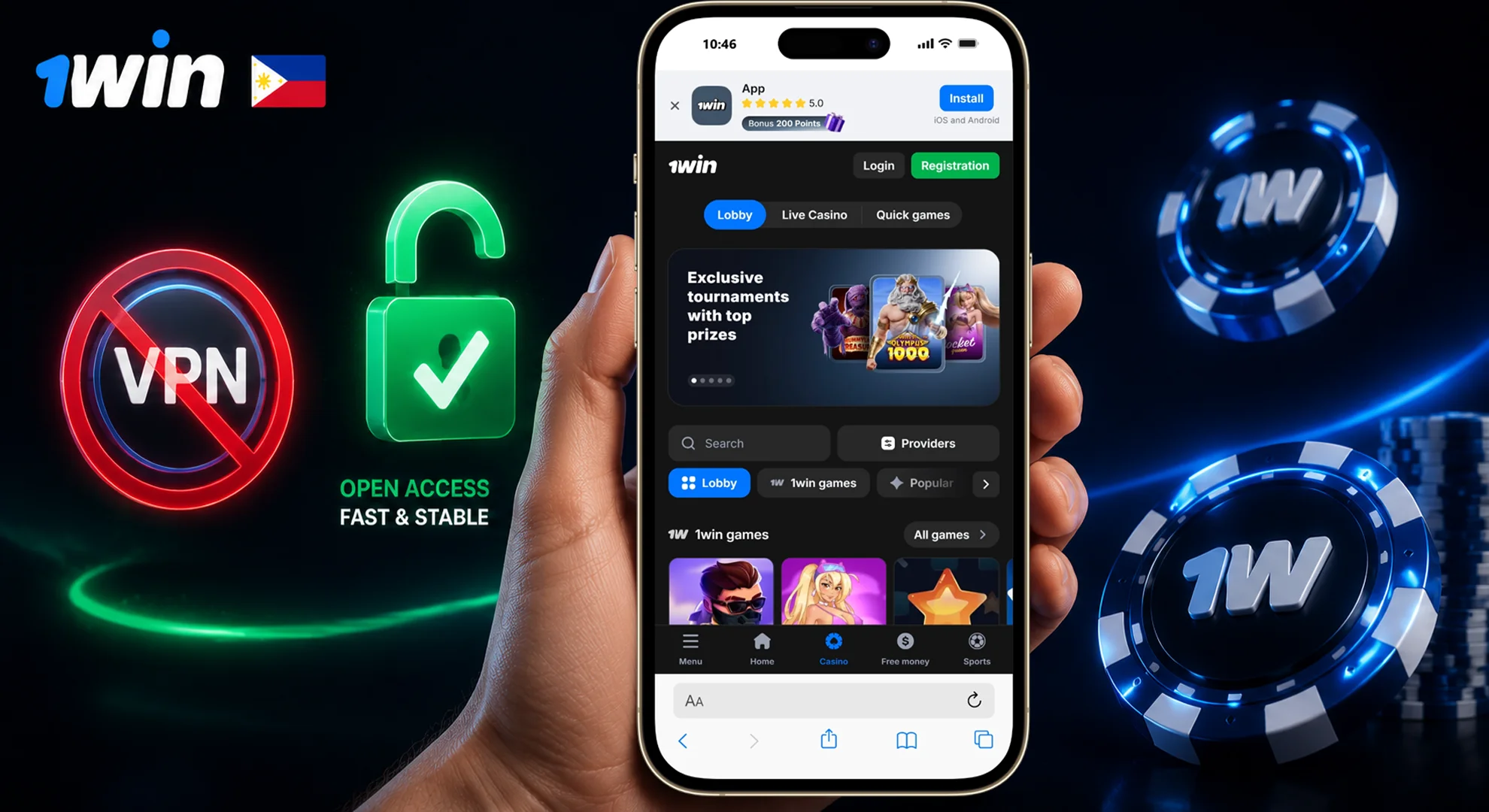 Bypass network blockings automatically without VPN using 1win Philippines app