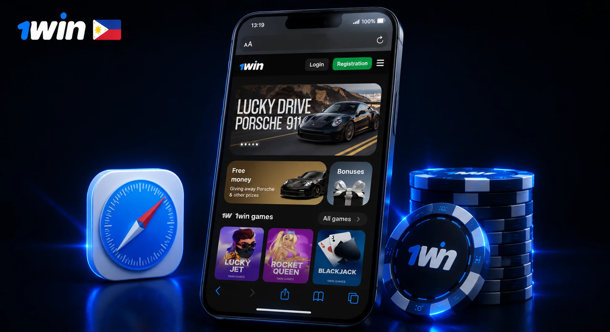 Open the official 1win website in Safari browser on iPhone or iPad