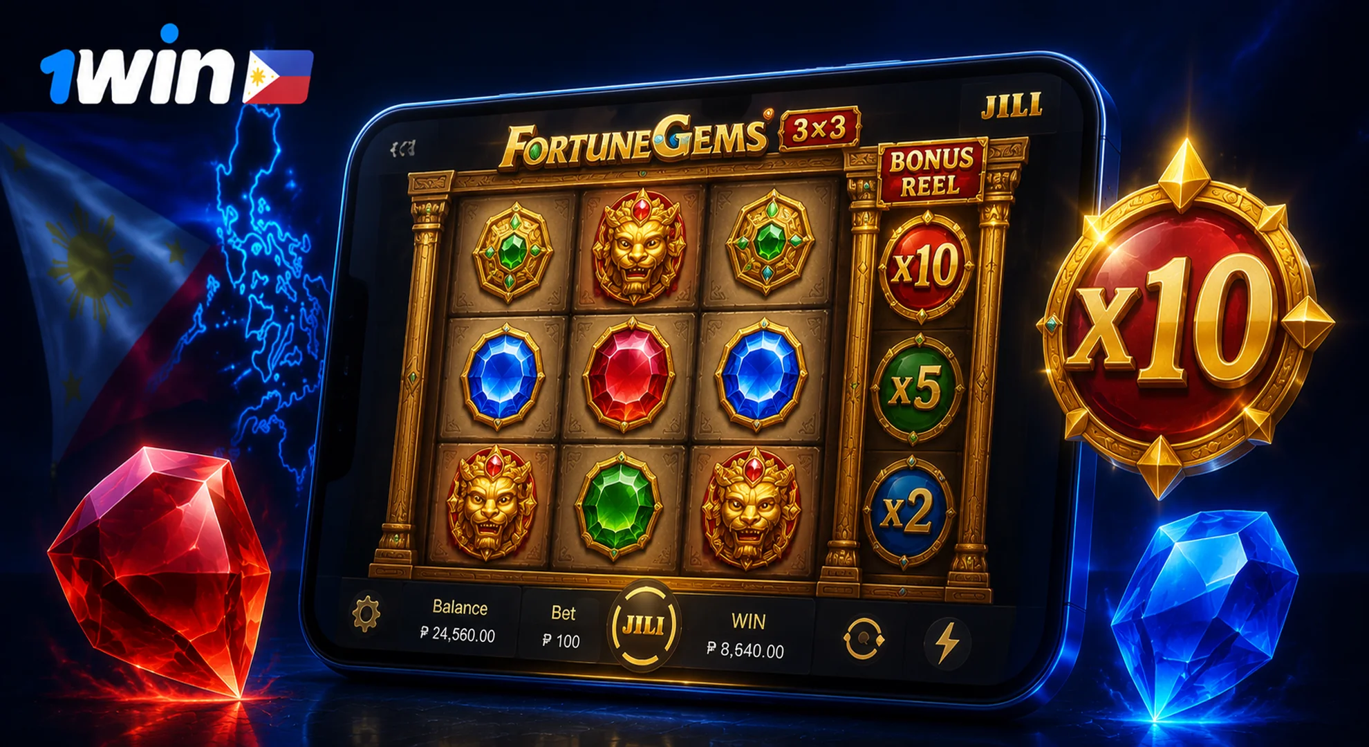Fortune Gems 3x3 slot interface with bonus reel on 1win Philippines
