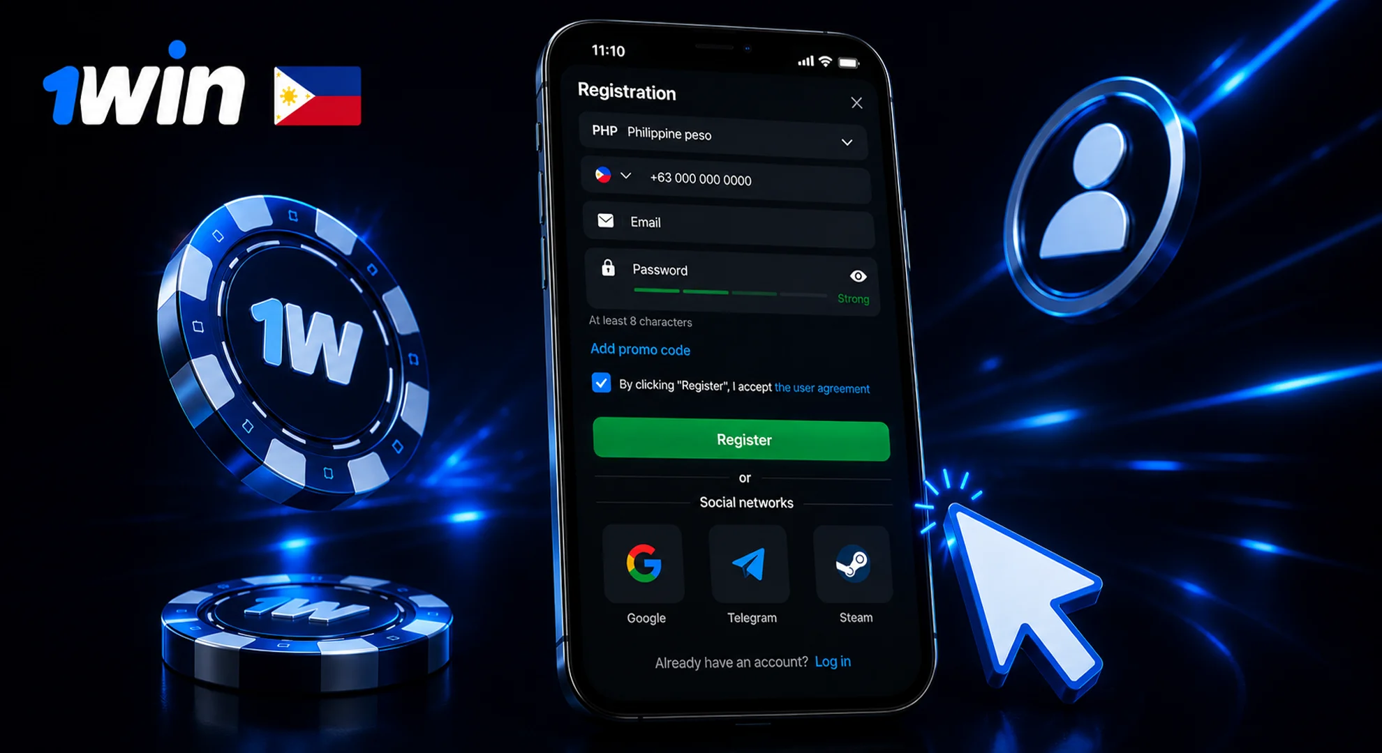 Select Google Telegram or Steam for fast social network registration on 1win